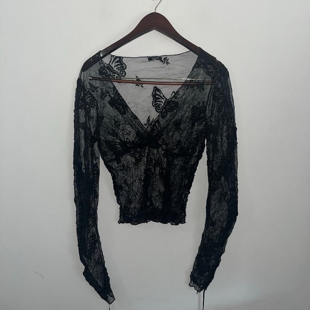 Authentic Vintage VTG Y2K Rue 21 Sheer Mesh V-Neck Long Sleeve Top (0976)